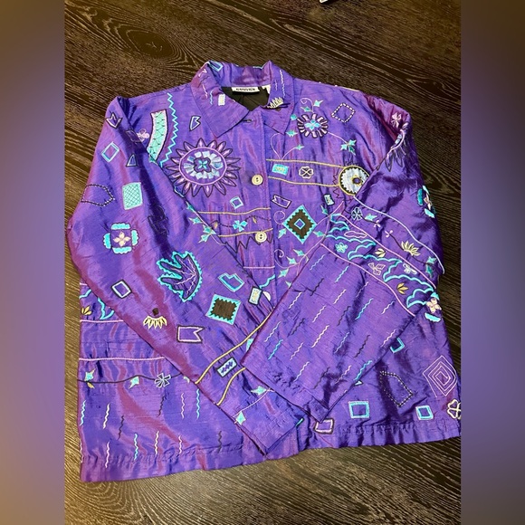 Chico's Jackets & Blazers - Vintage Chicos Purple Silk Button Down Embroidered Patterned Jacket Size 1